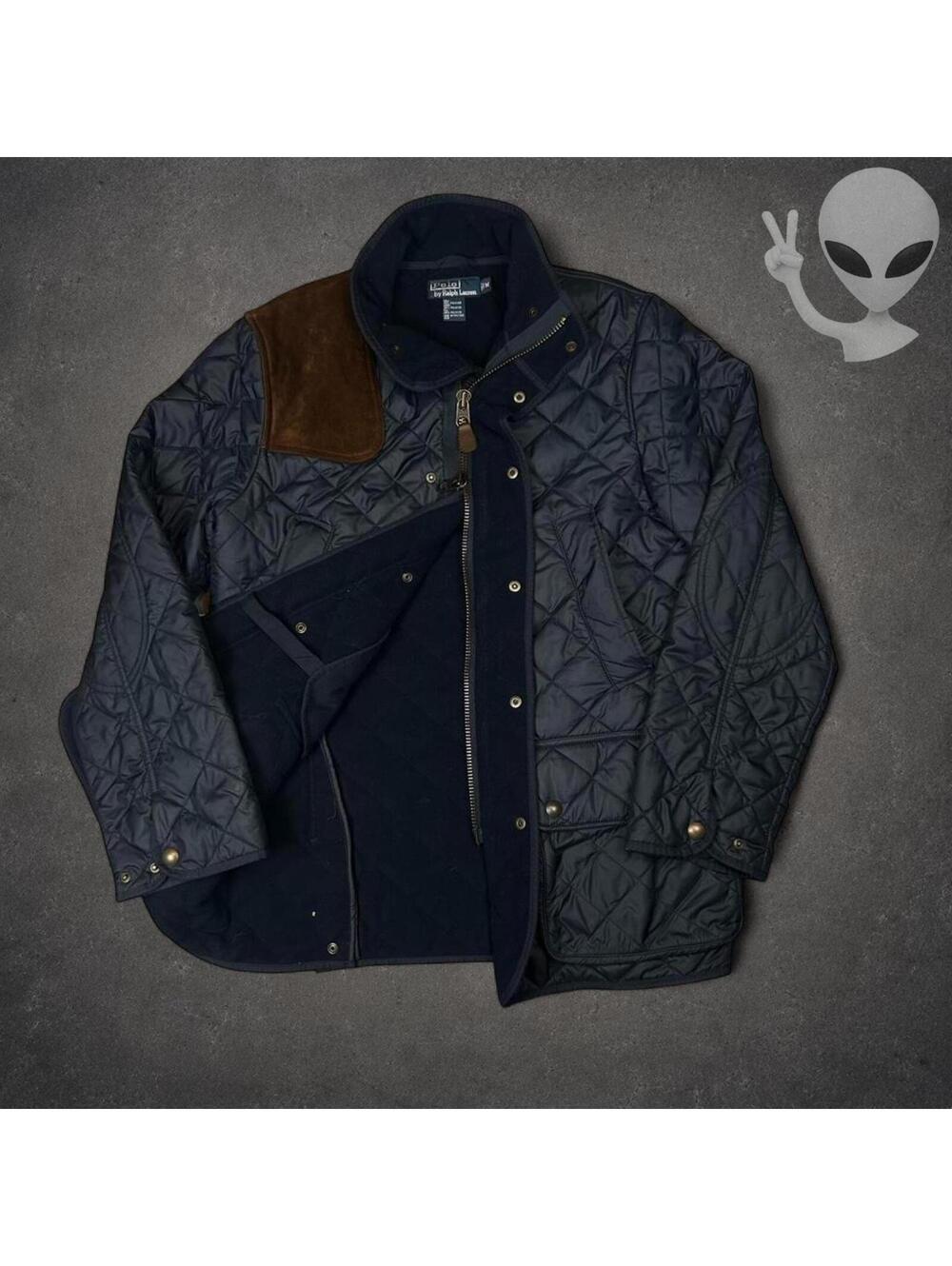 Polo Ralph Lauren Quilted Hunting Jacket M Navy Suede Shoulder Patch Country